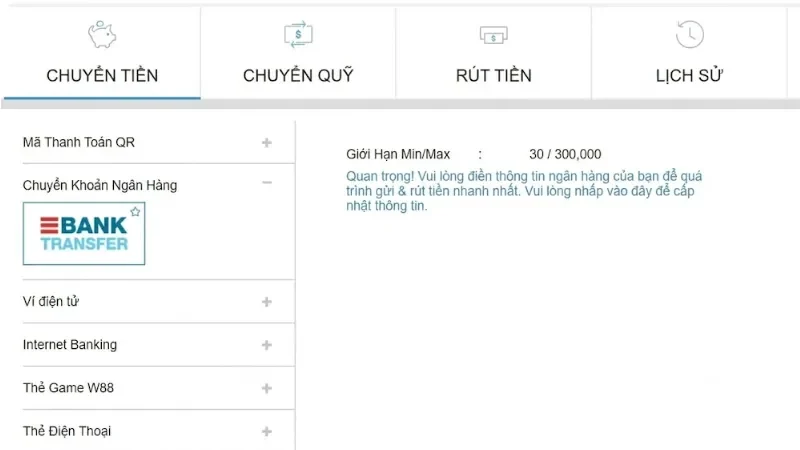 Gửi tiền w88 nhanh chóng với ngân hàng